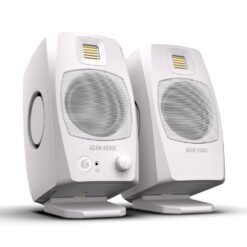 ADAM_Audio_D3V_-_Active_Desktop_Monitor_System_Pair_-_White_-_3_Front_Right_Angle_with_Loudspeaker_Stand