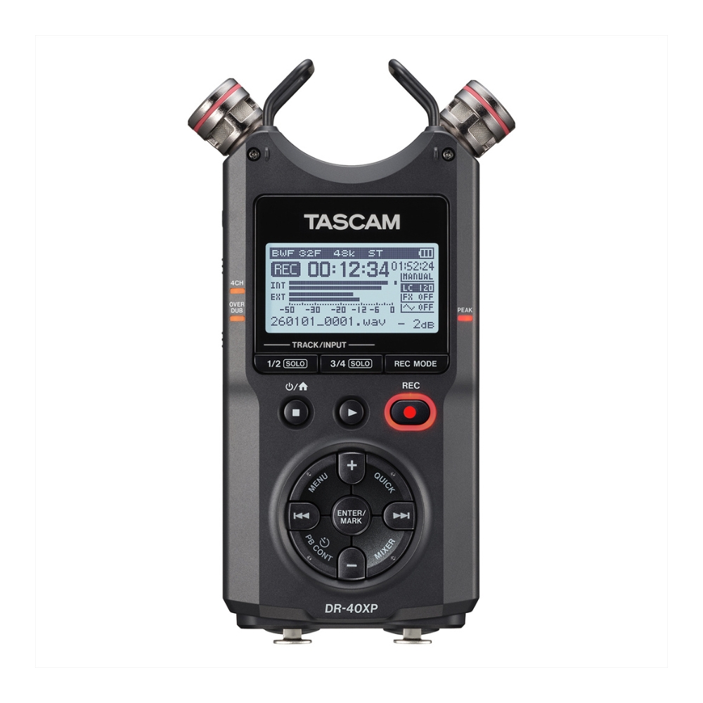 TASCAM DR-40XP – 4-Channel 32-Bit Float Portable Field Recorder with USB-C Interface and Adjustable Mics