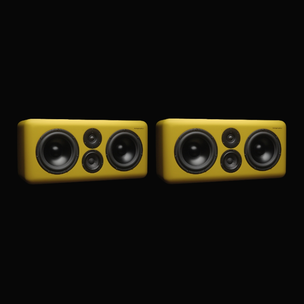 Telegrapher_GORILLA-S_-_Active_Analog_3-Way_Midfield_Studio_Monitor_-_Menton_Yellow_Pair_-_1_Front_Side_by_Side
